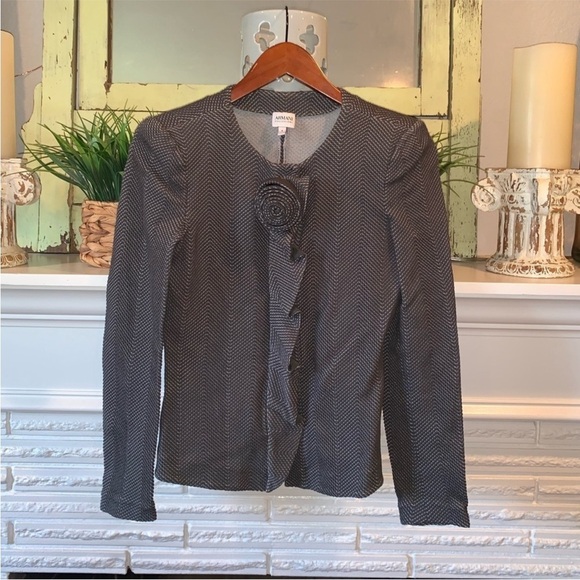 Armani Collezioni Gray Knit Button Front Rosette Accent Fitted Designer Blazer 6 - Picture 2 of 9